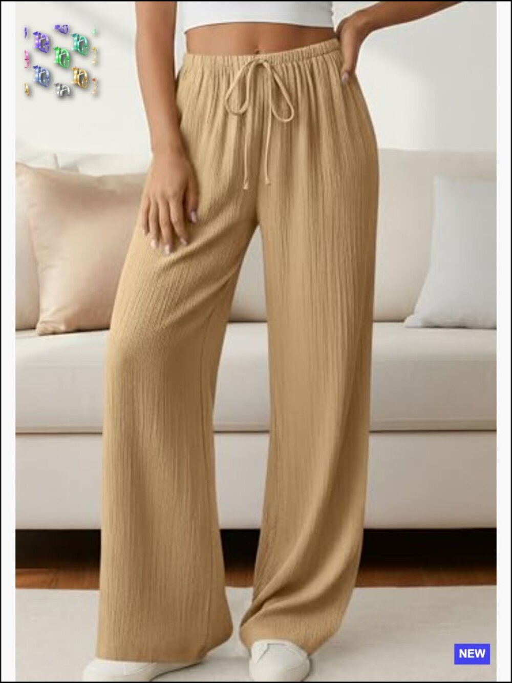 High Waisted Wide Leg Palazzo Pants with Pockets Flowy Beach Trousers - Picture 5 of 7
